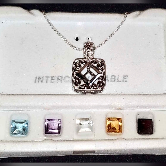 🗝Vtg Elegant Sterling Silver Pendant Necklace - Interchangeable Stones - Picture 1 of 4